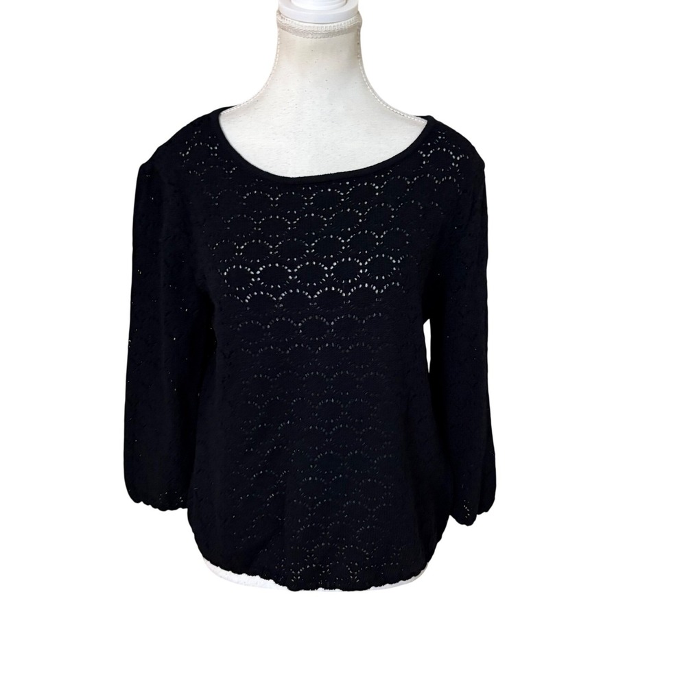 ST JOHN Black Wool Blend Crochet Top Scalloped‎ Edges Size Medium